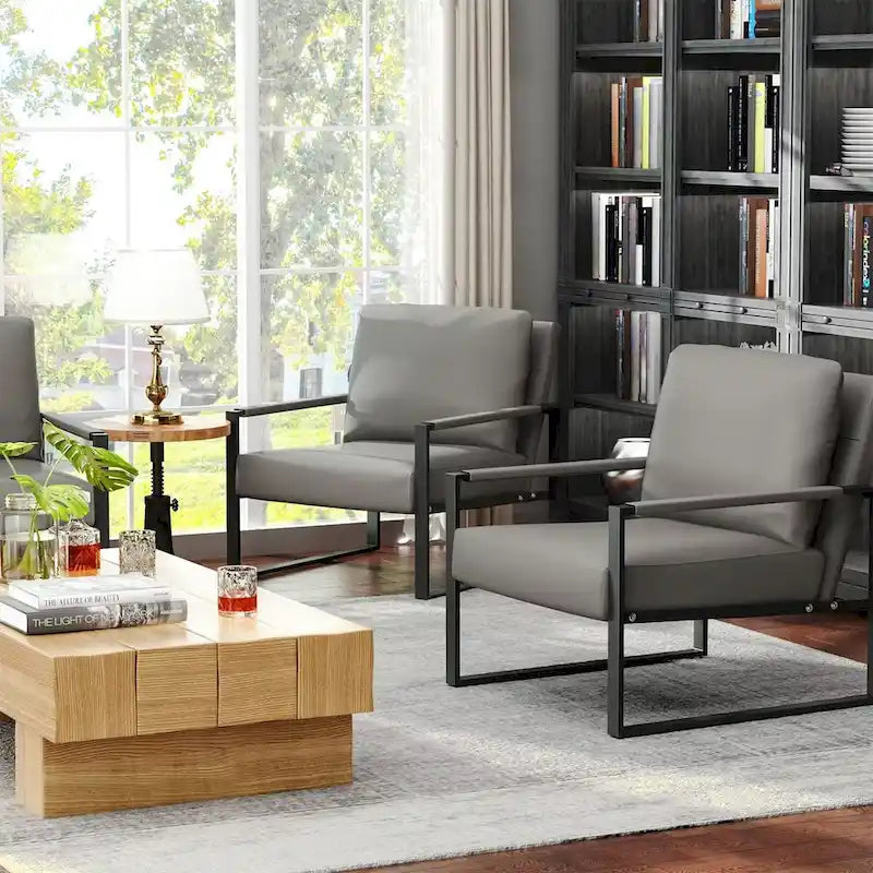 Fauteuils Modernes Vintage Rembourrés en Cuir PU, Fauteuils d'Appoint du Milieu du Siècle avec Cadre en Acier, Chaises de Salon (Lot de 2)