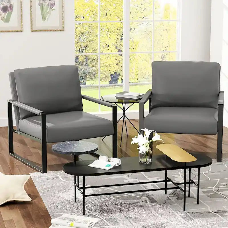 Fauteuils Modernes Vintage Rembourrés en Cuir PU, Fauteuils d'Appoint du Milieu du Siècle avec Cadre en Acier, Chaises de Salon (Lot de 2)