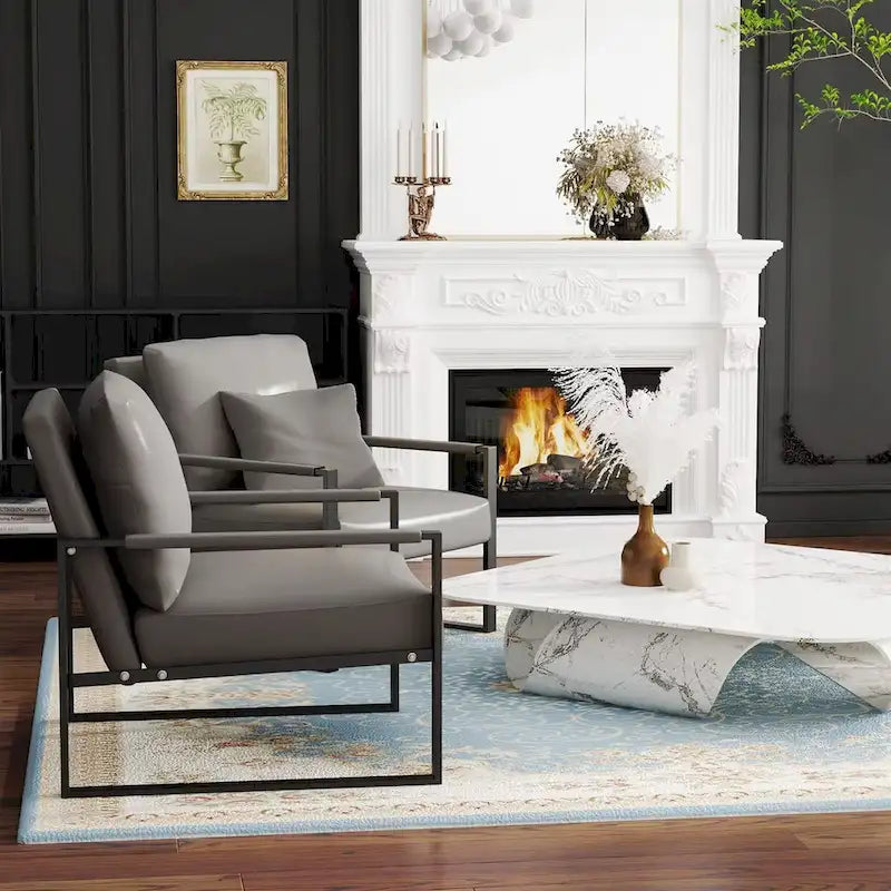 Fauteuils Modernes Vintage Rembourrés en Cuir PU, Fauteuils d'Appoint du Milieu du Siècle avec Cadre en Acier, Chaises de Salon (Lot de 2)
