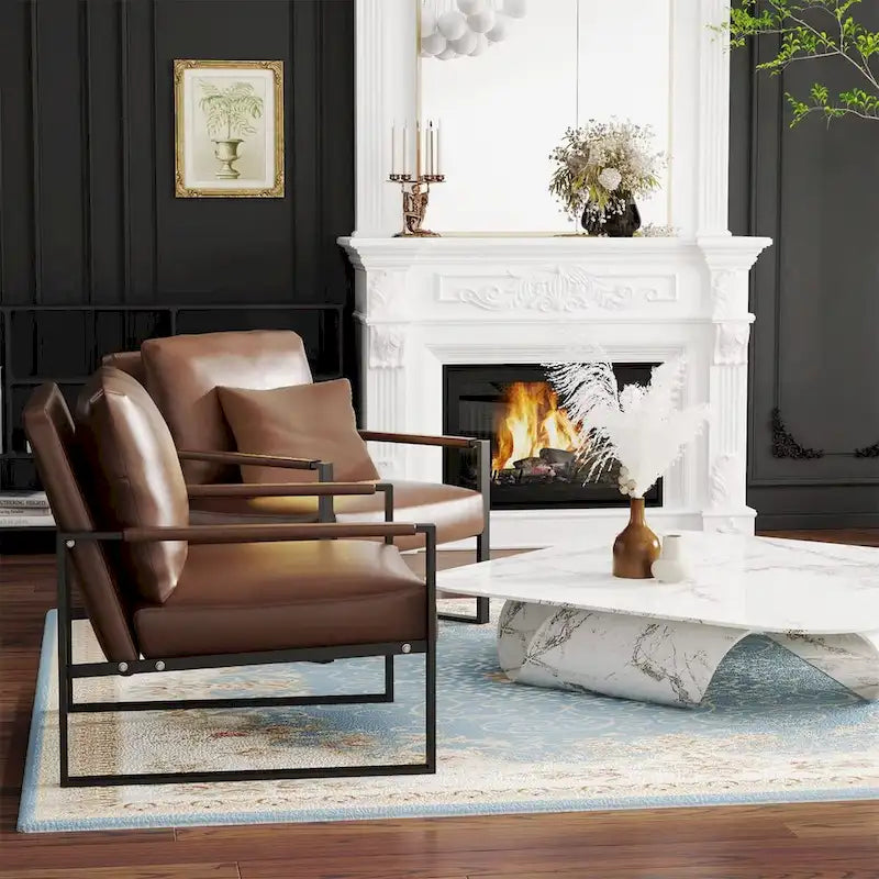 Fauteuils Modernes Vintage Rembourrés en Cuir PU, Fauteuils d'Appoint du Milieu du Siècle avec Cadre en Acier, Chaises de Salon (Lot de 2)