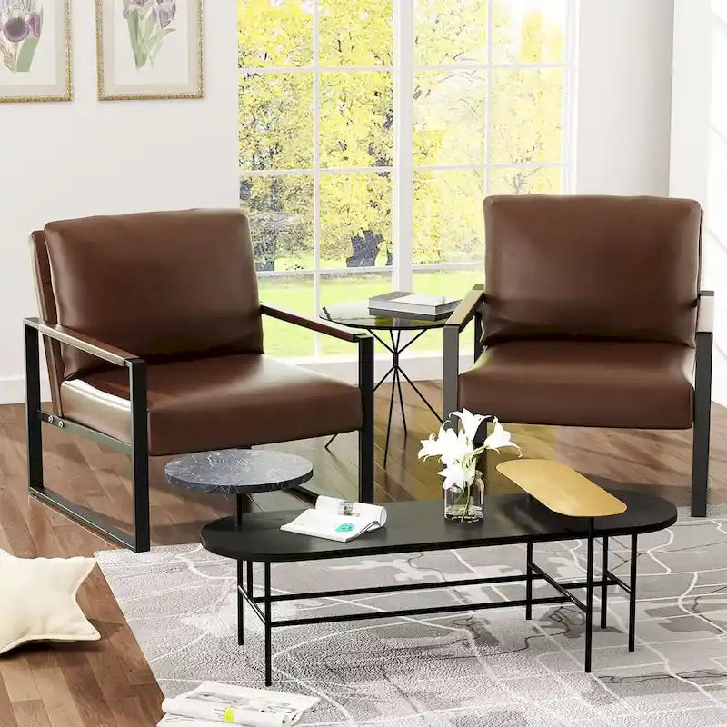 Fauteuils Modernes Vintage Rembourrés en Cuir PU, Fauteuils d'Appoint du Milieu du Siècle avec Cadre en Acier, Chaises de Salon (Lot de 2)