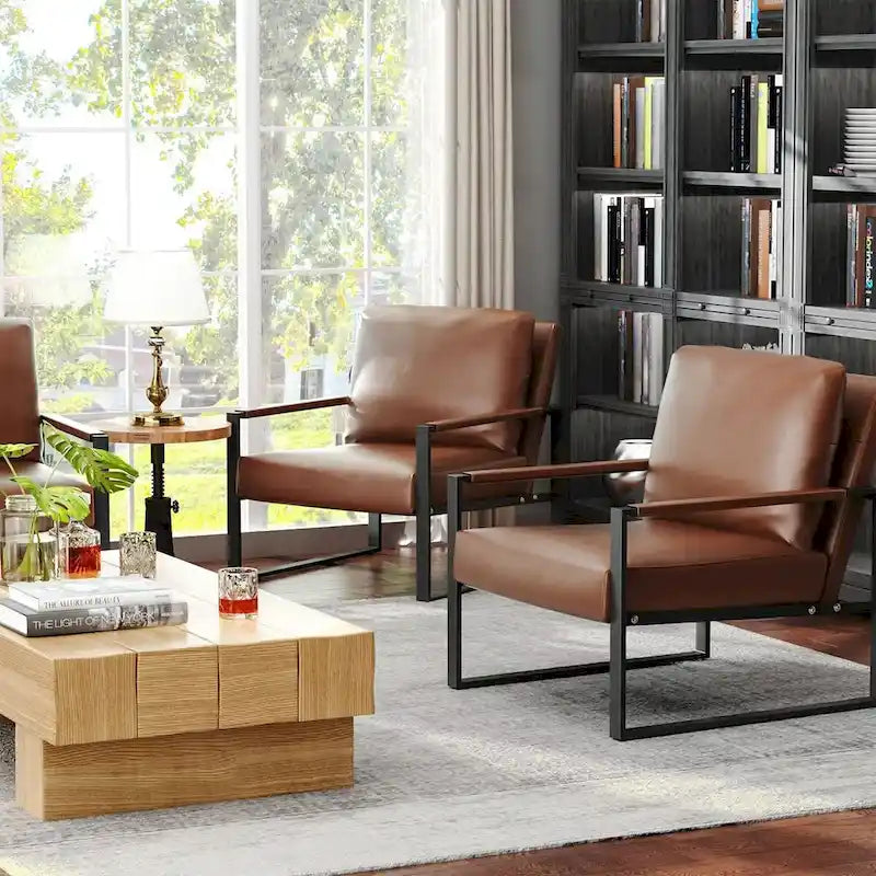 Fauteuils Modernes Vintage Rembourrés en Cuir PU, Fauteuils d'Appoint du Milieu du Siècle avec Cadre en Acier, Chaises de Salon (Lot de 2)