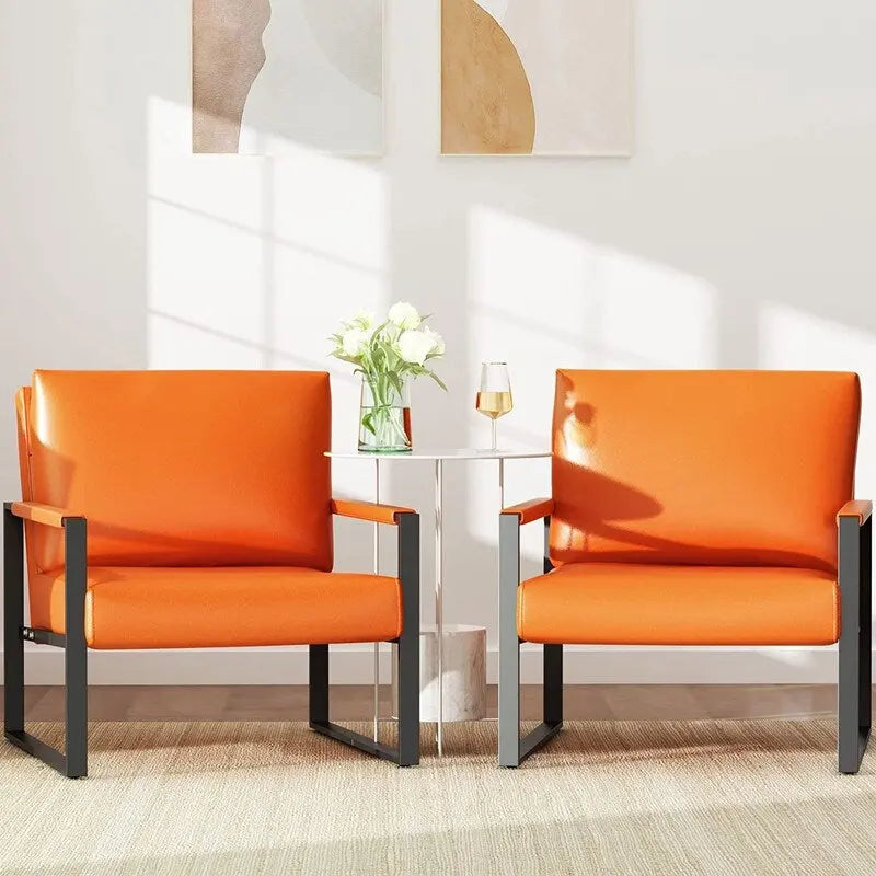 Fauteuils Modernes Vintage Rembourrés en Cuir PU, Fauteuils d'Appoint du Milieu du Siècle avec Cadre en Acier, Chaises de Salon (Lot de 2)
