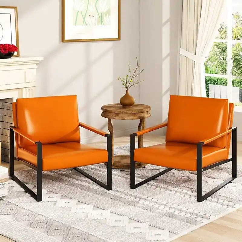 Fauteuils Modernes Vintage Rembourrés en Cuir PU, Fauteuils d'Appoint du Milieu du Siècle avec Cadre en Acier, Chaises de Salon (Lot de 2)