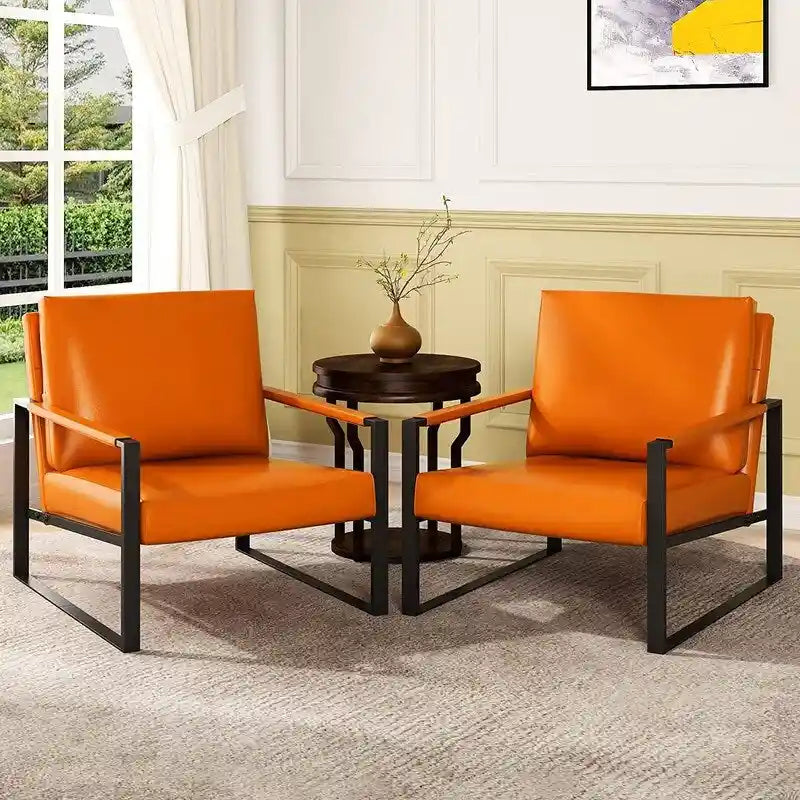 Fauteuils Modernes Vintage Rembourrés en Cuir PU, Fauteuils d'Appoint du Milieu du Siècle avec Cadre en Acier, Chaises de Salon (Lot de 2)