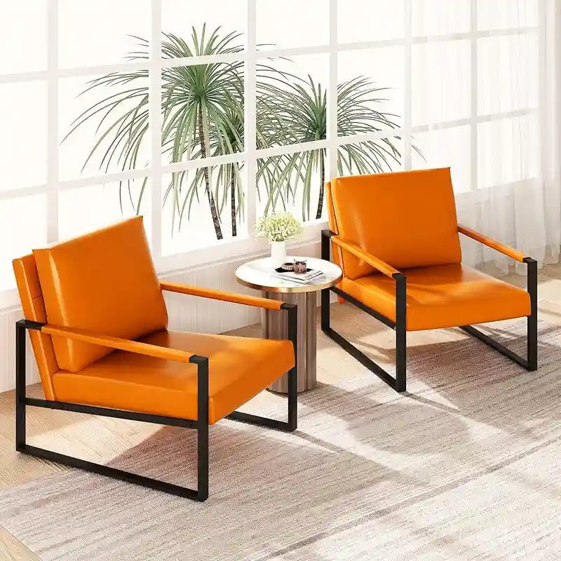 Fauteuils Modernes Vintage Rembourrés en Cuir PU, Fauteuils d'Appoint du Milieu du Siècle avec Cadre en Acier, Chaises de Salon (Lot de 2)