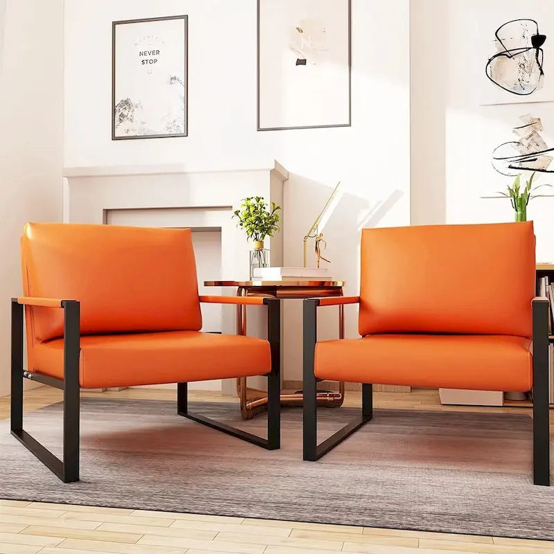 Fauteuils Modernes Vintage Rembourrés en Cuir PU, Fauteuils d'Appoint du Milieu du Siècle avec Cadre en Acier, Chaises de Salon (Lot de 2)