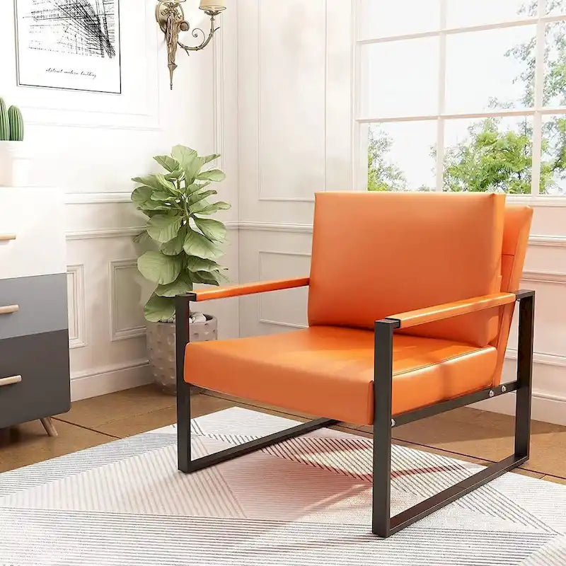 Fauteuils Modernes Vintage Rembourrés en Cuir PU, Fauteuils d'Appoint du Milieu du Siècle avec Cadre en Acier, Chaises de Salon (Lot de 2)
