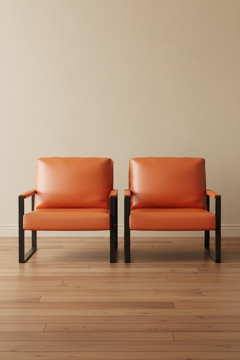 Fauteuils Modernes Vintage Rembourrés en Cuir PU, Fauteuils d'Appoint du Milieu du Siècle avec Cadre en Acier, Chaises de Salon (Lot de 2)