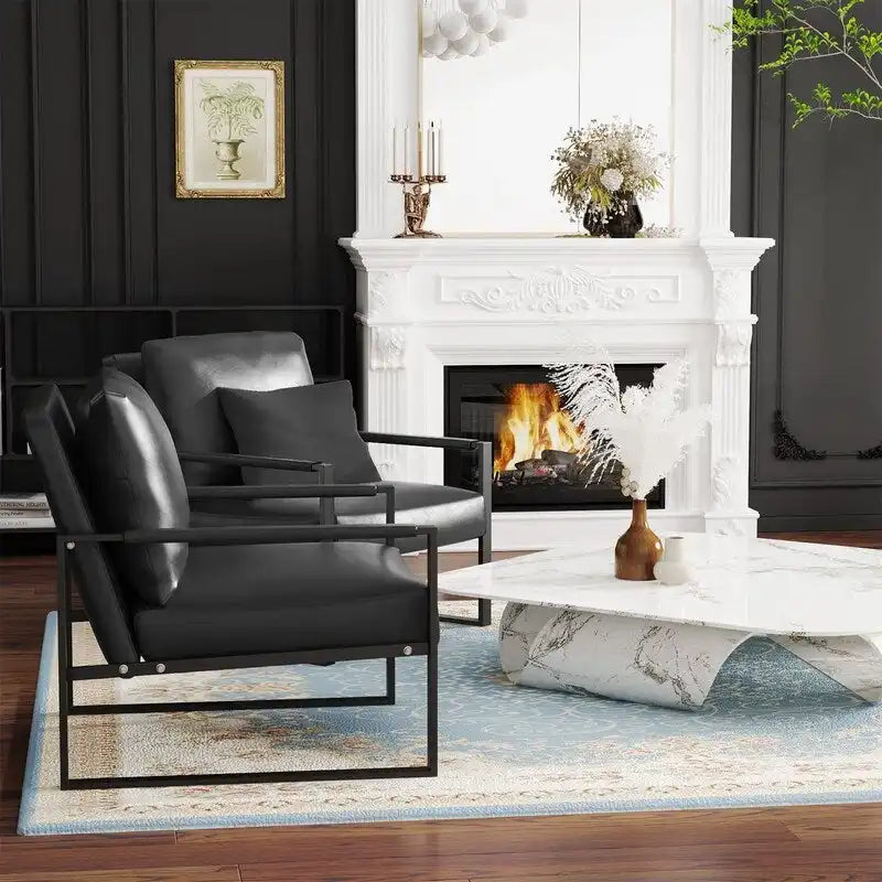 Fauteuils Modernes Vintage Rembourrés en Cuir PU, Fauteuils d'Appoint du Milieu du Siècle avec Cadre en Acier, Chaises de Salon (Lot de 2)