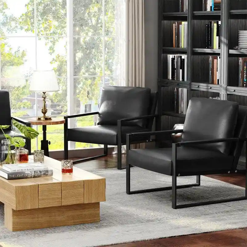 Fauteuils Modernes Vintage Rembourrés en Cuir PU, Fauteuils d'Appoint du Milieu du Siècle avec Cadre en Acier, Chaises de Salon (Lot de 2)