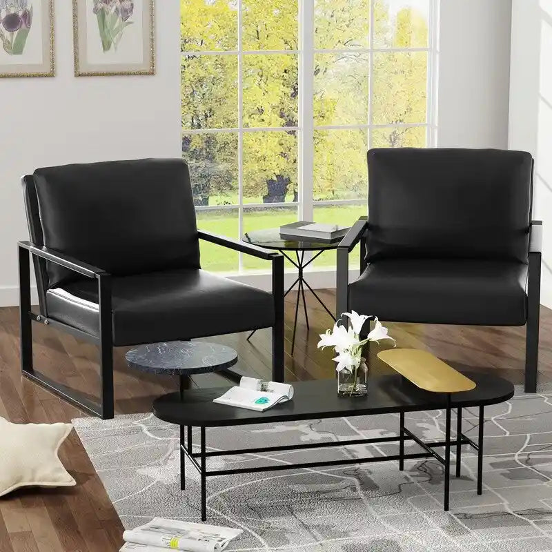 Fauteuils Modernes Vintage Rembourrés en Cuir PU, Fauteuils d'Appoint du Milieu du Siècle avec Cadre en Acier, Chaises de Salon (Lot de 2)