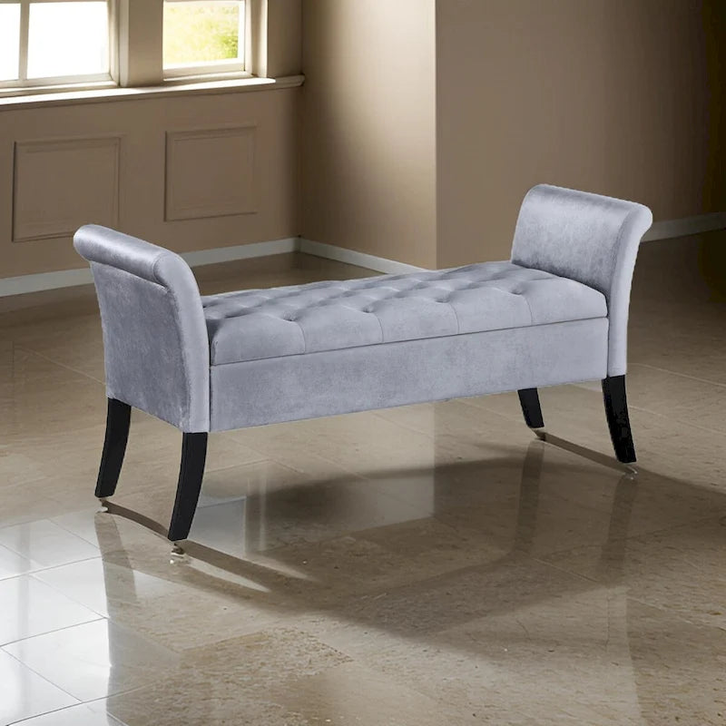 Banc de rangement de 52 pouces, capitonnage à boutons, accoudoirs évasés, revêtement gris