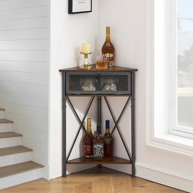 Table d'angle avec tiroir et étagère de rangement, meuble bas triangulaire pour cuisine, salon et chambre