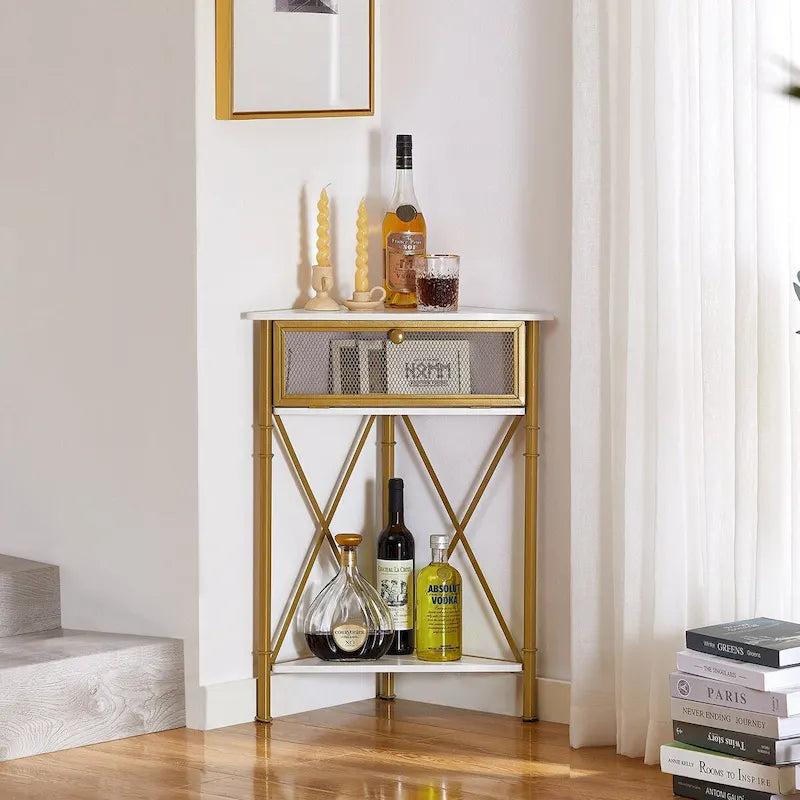 Table d'angle avec tiroir et étagère de rangement, meuble bas triangulaire pour cuisine, salon et chambre