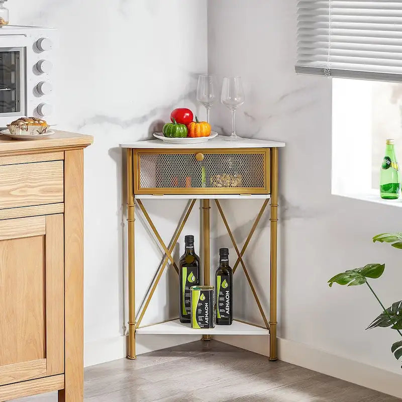 Table d'angle avec tiroir et étagère de rangement, meuble bas triangulaire pour cuisine, salon et chambre