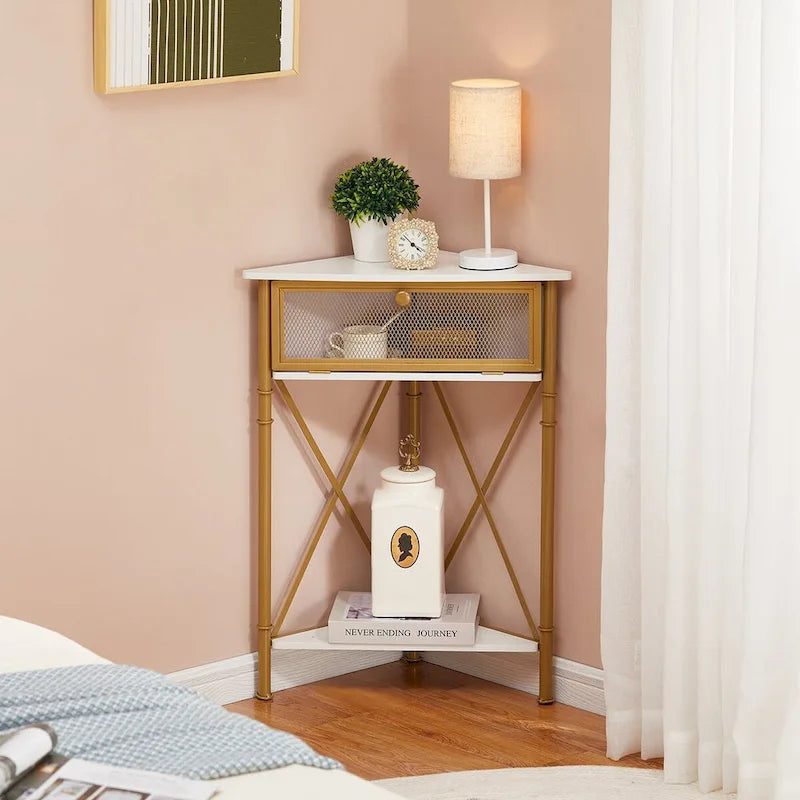 Table d'angle avec tiroir et étagère de rangement, meuble bas triangulaire pour cuisine, salon et chambre