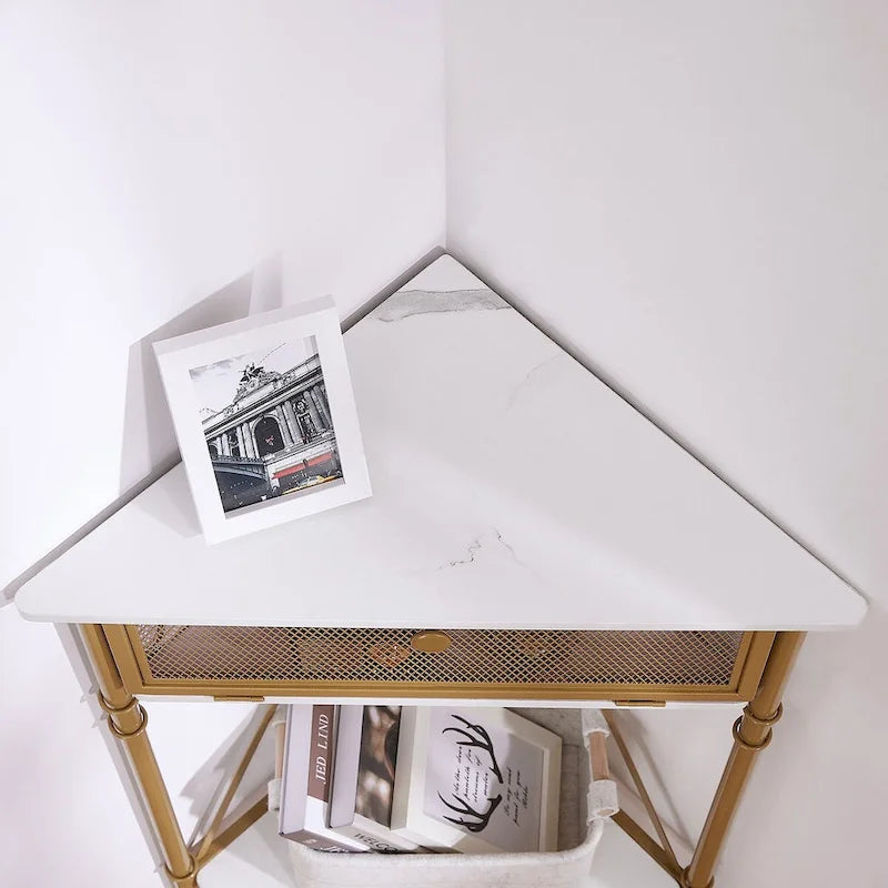 Table d'angle avec tiroir et étagère de rangement, meuble bas triangulaire pour cuisine, salon et chambre
