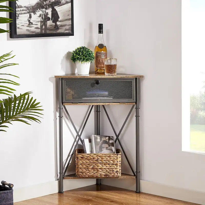 Table d'angle avec tiroir et étagère de rangement, meuble bas triangulaire pour cuisine, salon et chambre