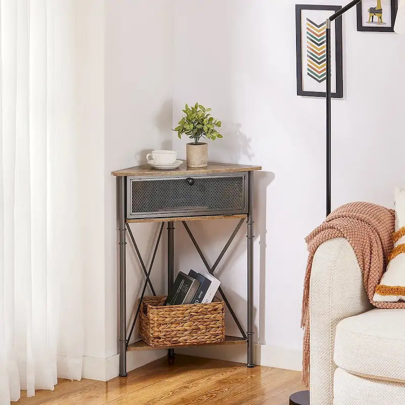 Table d'angle avec tiroir et étagère de rangement, meuble bas triangulaire pour cuisine, salon et chambre
