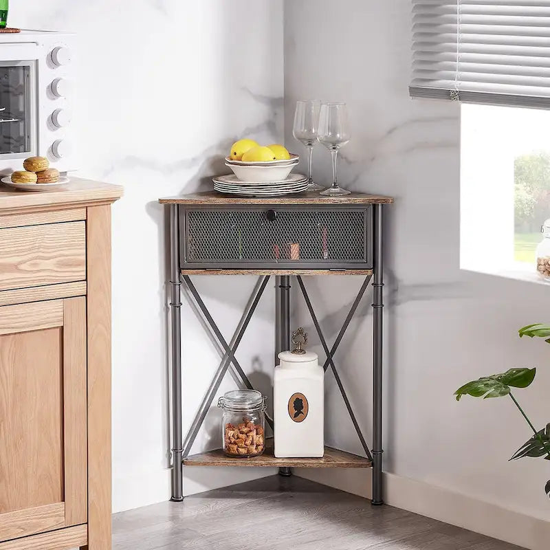 Table d'angle avec tiroir et étagère de rangement, meuble bas triangulaire pour cuisine, salon et chambre
