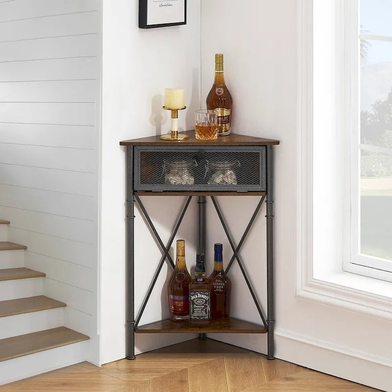 Table d'angle avec tiroir et étagère de rangement, meuble bas triangulaire pour cuisine, salon et chambre