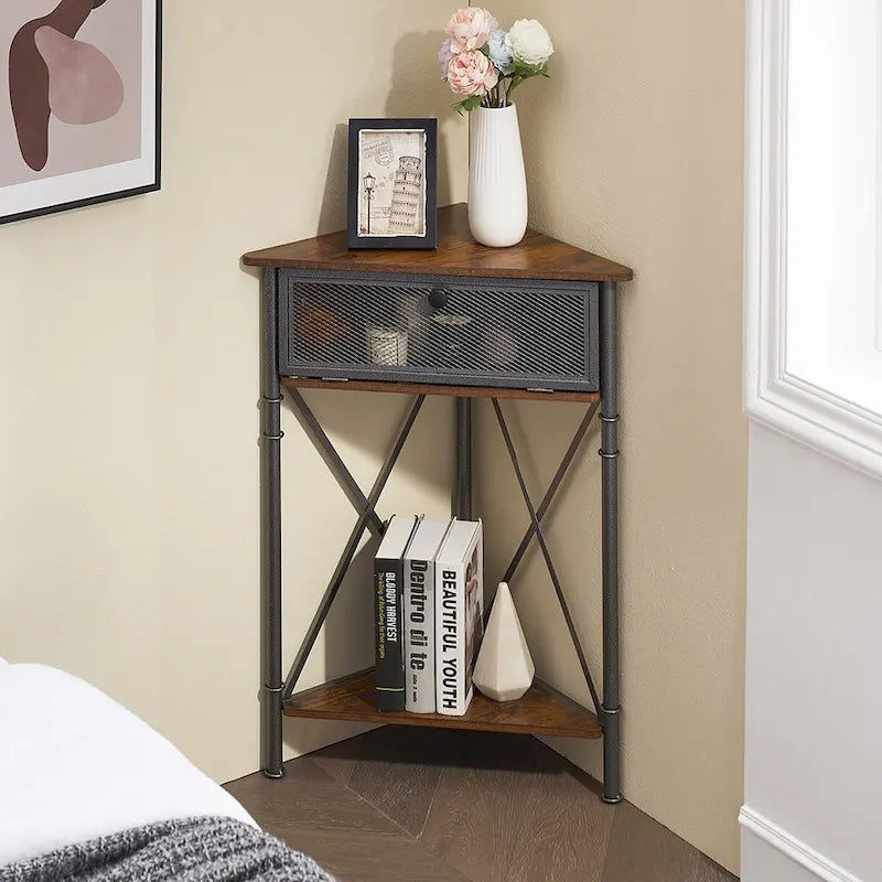 Table d'angle avec tiroir et étagère de rangement, meuble bas triangulaire pour cuisine, salon et chambre