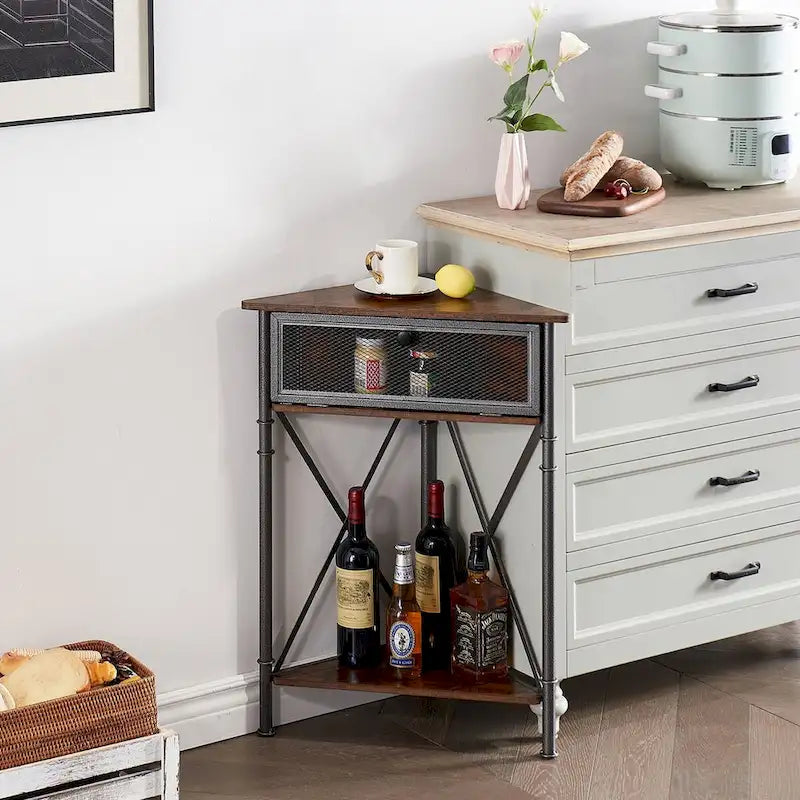 Table d'angle avec tiroir et étagère de rangement, meuble bas triangulaire pour cuisine, salon et chambre