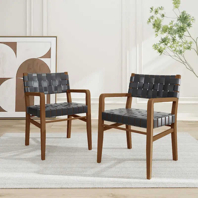 Chaises de salle à manger en bois d'hévéa et cuir tressé avec accoudoirs (lot de 2)