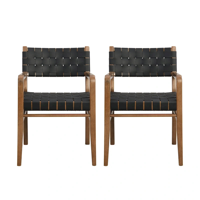 Chaises de salle à manger en bois d'hévéa et cuir tressé avec accoudoirs (lot de 2)