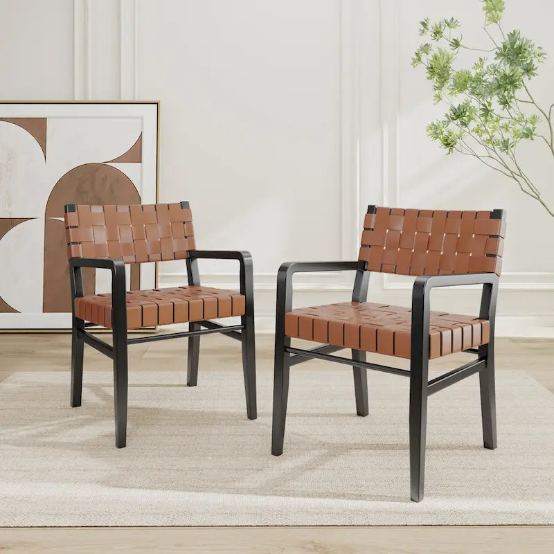 Chaises de salle à manger en bois d'hévéa et cuir tressé avec accoudoirs (lot de 2)