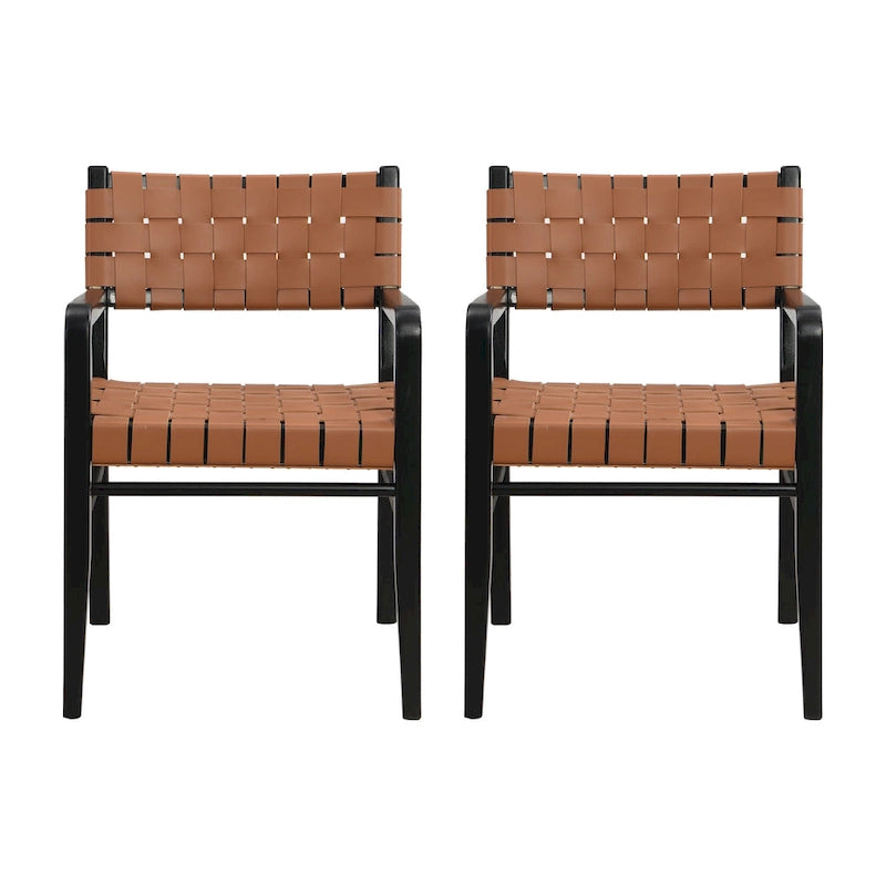 Chaises de salle à manger en bois d'hévéa et cuir tressé avec accoudoirs (lot de 2)
