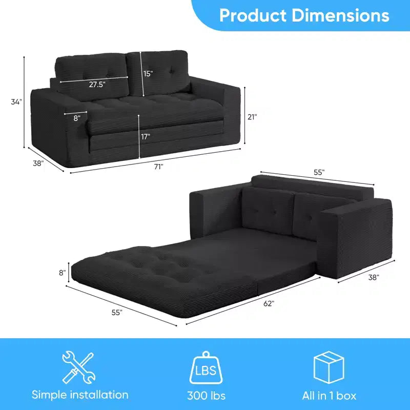 Mjkone 71'' 2-in-1 Convertible Futon Sofa Bed, Corded Fabric Foldable Tufted Buttons Loveseat Sleeper Sofa,Space-Saving