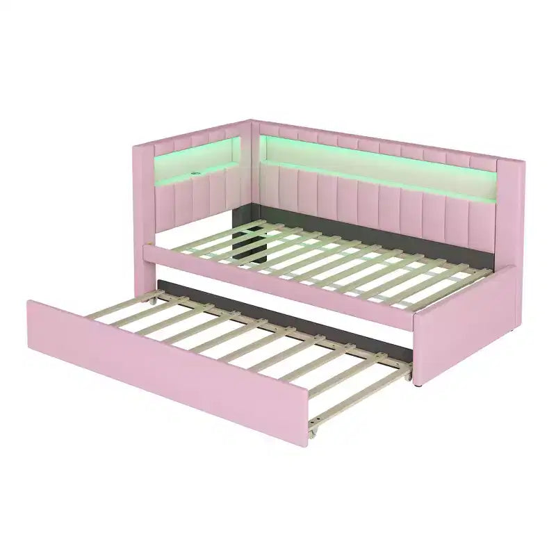 Twin/Full Daybed with Trundle and L-Shaped Bookshelf Headboard, Linen Upholstered Soft Corner Bed with Storage Shelves and LED Belt