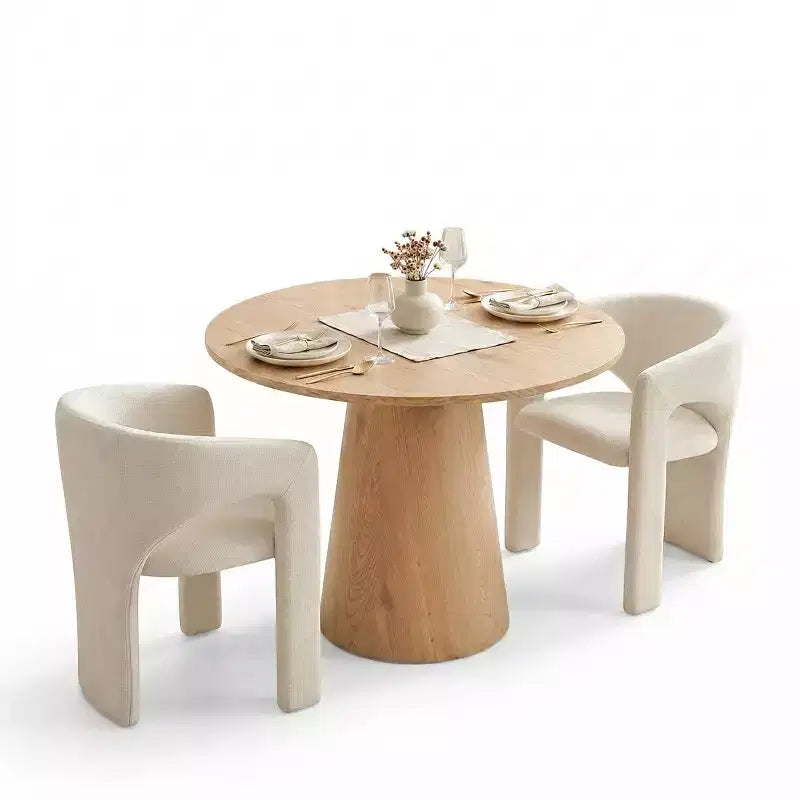 Small Dining Table Set for 2, Beige Upholstered Chairs, Round Pedestal Dining Table, Compact Modern Kitchen Furniture-Panipeachy