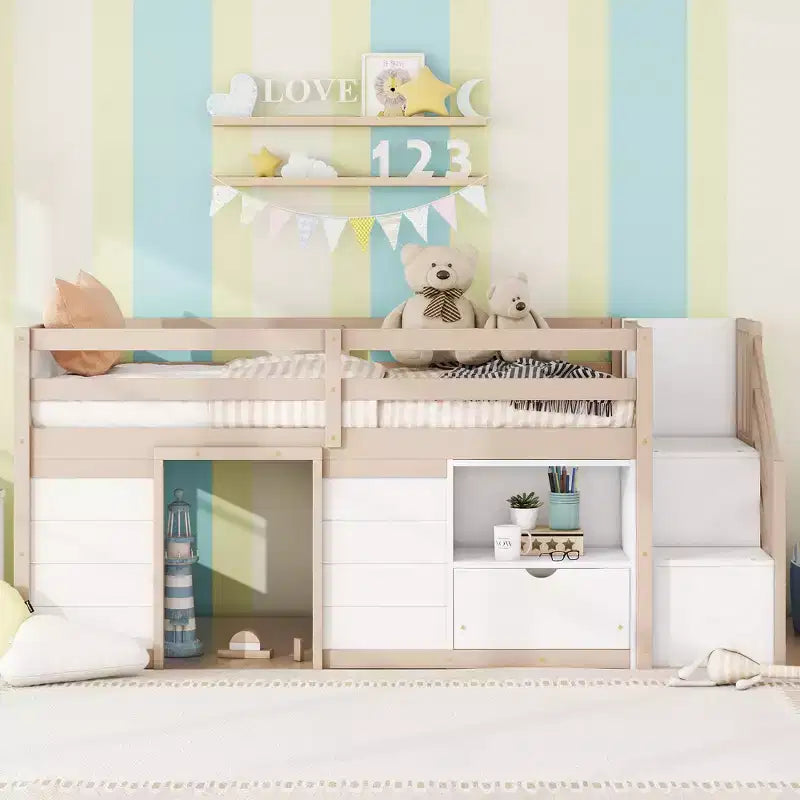 94.6L x 42.3W Solid Wood Twin Size Low Loft Bed With Stair, Drawer And Shelf, Modern & Clean Design