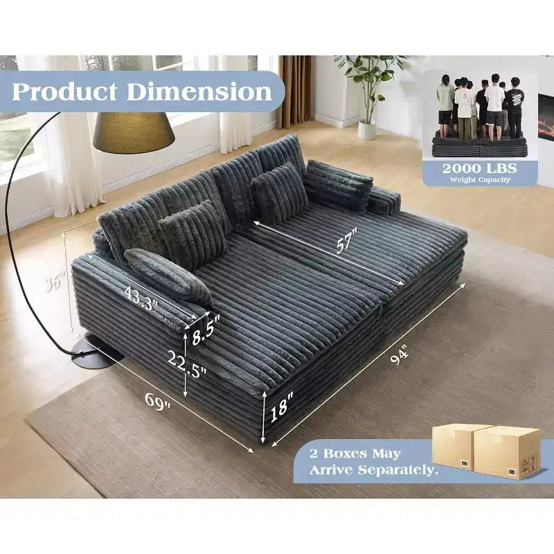 AMERLIFE 93 Double Chaise Lounge Sofa for Two, Deep Seat Cloud Couch with Lumbar Pillows & Wide Armrests, Easy Assembly, Faux Fur