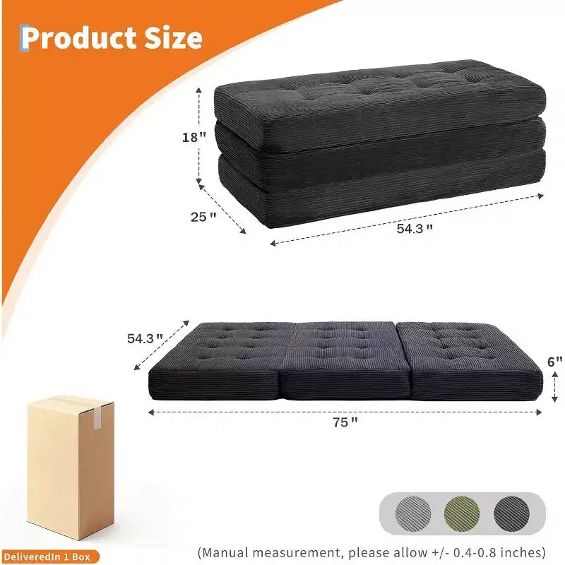 SunnyFurn 6 Inch Tri-Fold Mattress Sofa Bed, 75X54.3 Foam Folding Guest Bed with Tufted Corduroy, Portable for Camping, Living Room, Bedroom