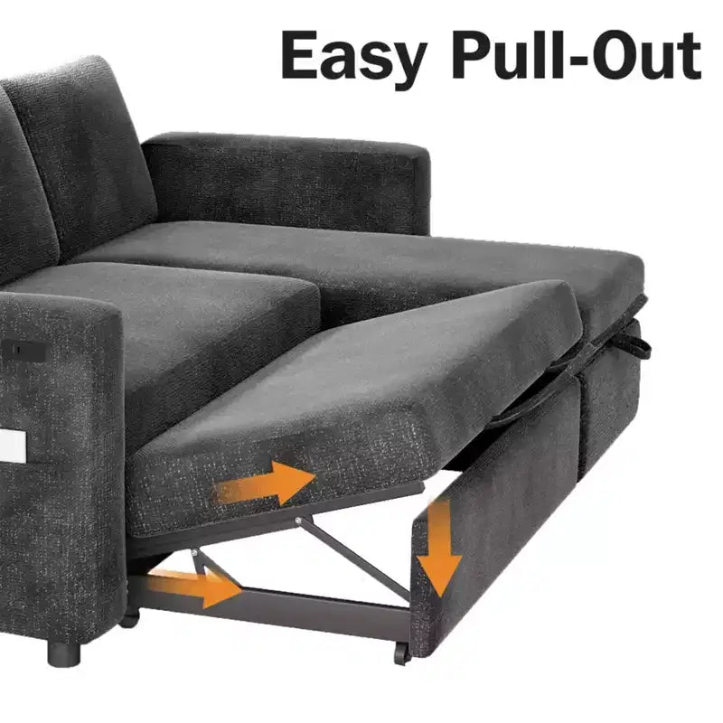 2-in-1 Pull Out Sleeper Sofa with Storage Chaise, Chenille Sectional Couch with USB Ports for Living Room