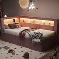 Twin/Full Daybed with Trundle and L-Shaped Bookshelf Headboard, Linen Upholstered Soft Corner Bed with Storage Shelves and LED Belt