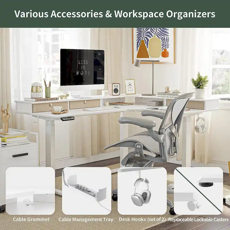 L-Shaped Electric Standing Desk with 3 Drawers & Lockable Casters, 63