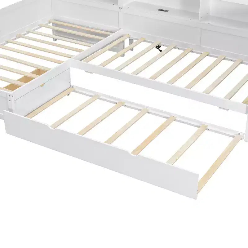 Twin Size L-shaped Platform Bed with Trundle & Charging Station, Wood Bed Frame with Bookshelf