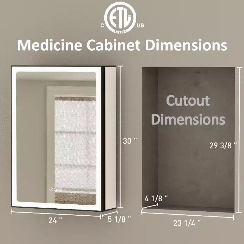 Bathroom Medicine Cabinet with LED Mirror, Surface or Recessed Mount, Dimmable Light, Anti-Fog, Adjustable Shelving