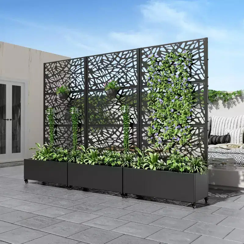 MAYEERTY Planter Box with Trellis Iron Black Net 01 Style 72x47x16in 3-Piece Set