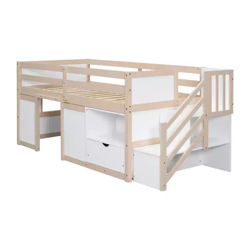 94.6L x 42.3W Solid Wood Twin Size Low Loft Bed With Stair, Drawer And Shelf, Modern & Clean Design