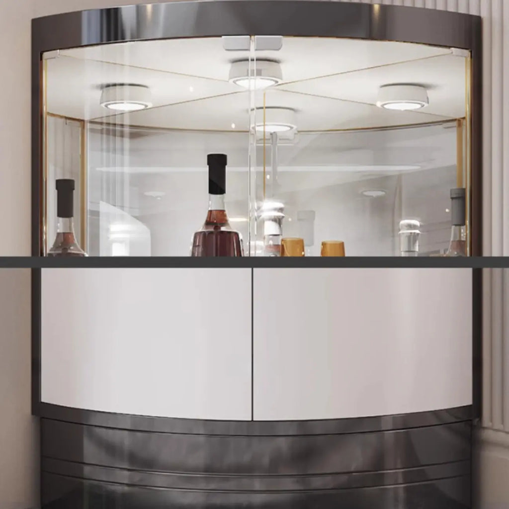 Multiple Levels Glass and Metal Shelf Storage Display Corner Wine Cabinet