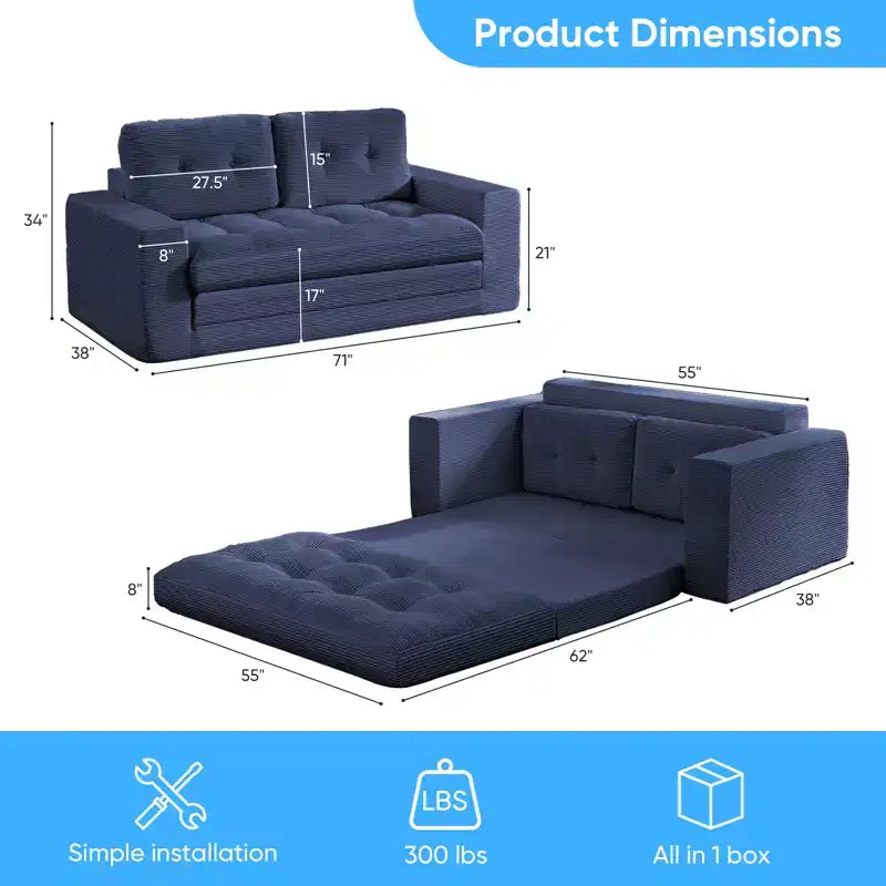 Mjkone 71'' 2-in-1 Convertible Futon Sofa Bed, Corded Fabric Foldable Tufted Buttons Loveseat Sleeper Sofa,Space-Saving