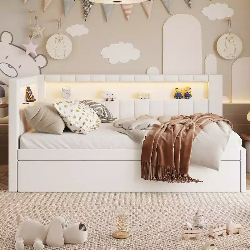 Twin/Full Daybed with Trundle and L-Shaped Bookshelf Headboard, Linen Upholstered Soft Corner Bed with Storage Shelves and LED Belt