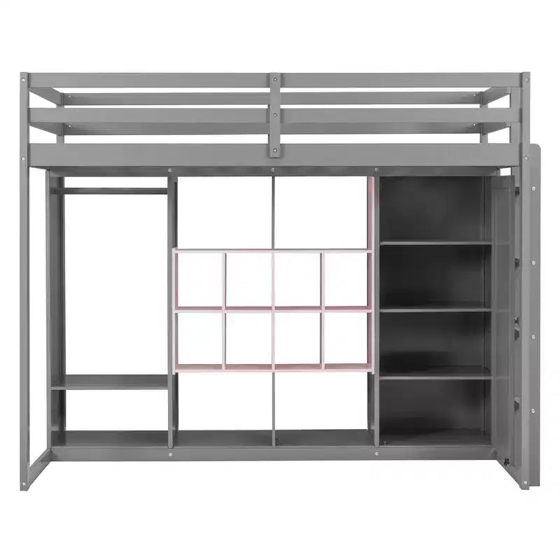 Kids Loft Bed with Wardrobe and Shelves, Wooden Loft Bed Frame with Storage Cabinet for Kids Teens