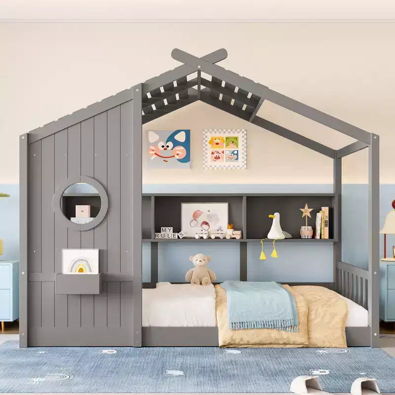 Twin/Full Size House Platform Bed Frame Toddler Floor Bed Kids Montessori Bed Playhouse Bed with Storage Shelf - ModernLuxe